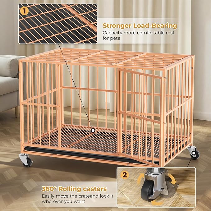 Orange 48 in Heavy Duty Dog Crate Steel Escape Proof, Indoor Double Door High Anxiety Cage, Removable Tray, Kennel with Wheels,XL XXL