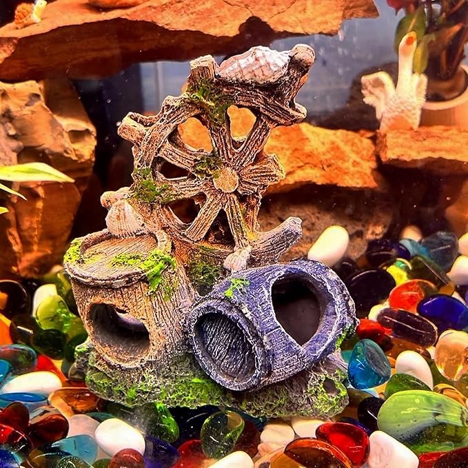 Mipukbay Fish Tank Decoration, Broken Ship Wheel & Cask Aquarium Decor Hiding Cave Ornament Landscaping Rock Resin Decoration