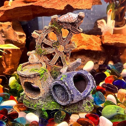 Mipukbay Fish Tank Decoration, Broken Ship Wheel & Cask Aquarium Decor Hiding Cave Ornament Landscaping Rock Resin Decoration