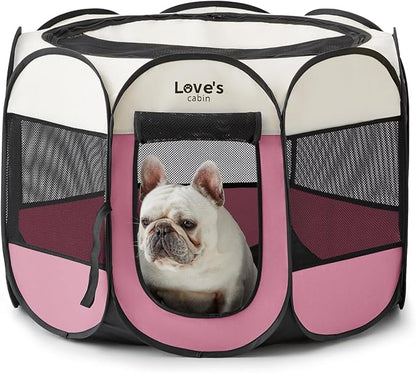 Love's cabin Pet Puppy Dog Playpen, Large Dog Tent Crates Cage Indoor/Outdoor, Portable Playpen for Cat, Foldable Pop Up Dog Kennel Playpen with Carring Case, Removable Zipper Top, Pink