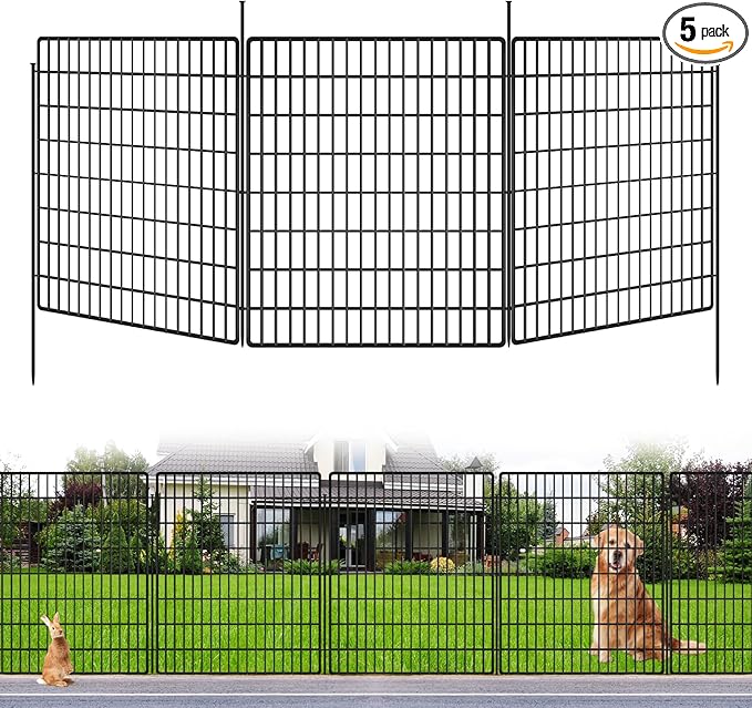 5 Panels Dog Fence Outdoor for Yard, 33 in(H) X 12 ft(L) Decorative Garden Fence Rustproof No Dig Animal Barrier Fencing Metal Wire Panel Border Patio Rabbits Ground Stakes Fencing