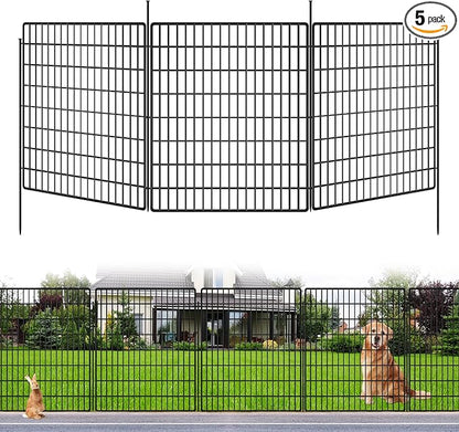 5 Panels Dog Fence Outdoor for Yard, 33 in(H) X 12 ft(L) Decorative Garden Fence Rustproof No Dig Animal Barrier Fencing Metal Wire Panel Border Patio Rabbits Ground Stakes Fencing