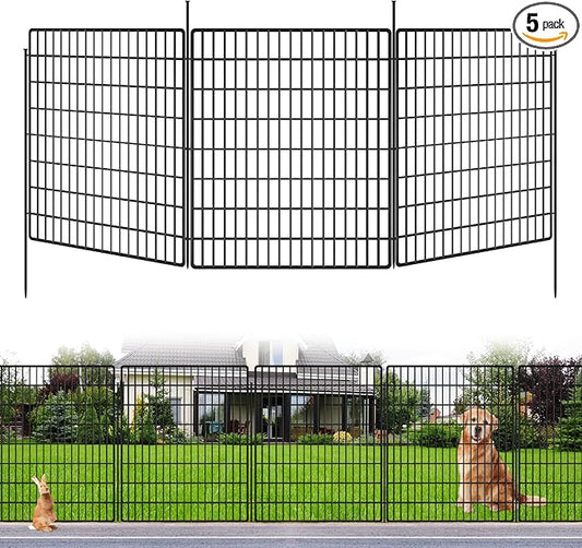 5 Panels Dog Fence Outdoor for Yard, 33 in(H) X 12 ft(L) Decorative Garden Fence Rustproof No Dig Animal Barrier Fencing Metal Wire Panel Border Patio Rabbits Ground Stakes Fencing