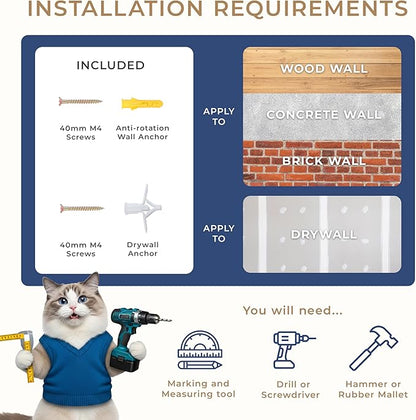 Space-Saving Cat Wall Shelves – Interactive Cat Wall Climber with Hammock & Dog Proof Feeding Station for All Indoor Breeds – Solid Natural Wood with Gray Carpet