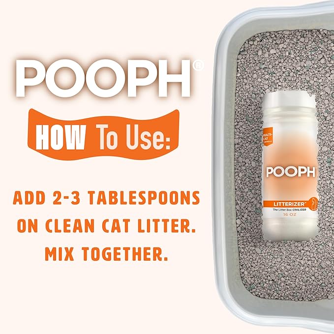 POOPH® LITTERIZER™ – The Litter Box Civilizer Helps Cut Litter Cost in Half Eliminates Organic Odor On-Contact Absorbs And Helps Keep Litter Dry NO Fragrance NO Harsh Chemicals Safe Effective