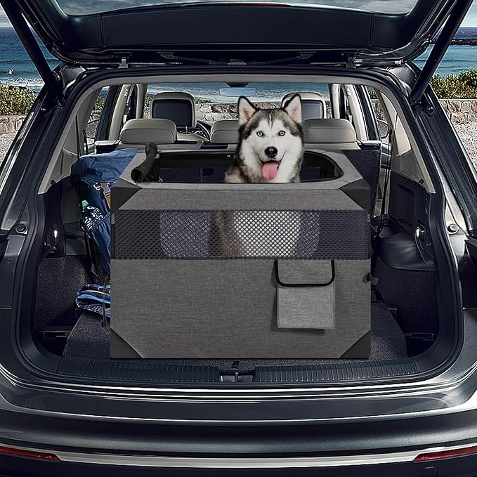 30 Inch Portable Travel Dog Crate, 3 Door Collapsible Soft Pet Kennel with Durable Mesh Windows for Medium Dogs, Foldable Dog Cage with Storage Pocket for Outdoor (Dark Grey)