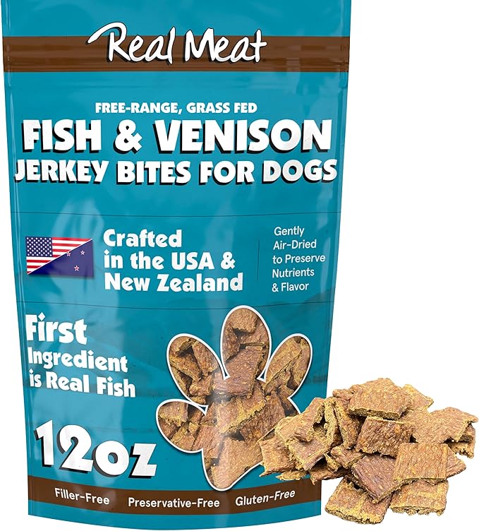 Real Meat Dog Treats - 12oz Bag of Bite-Sized Air-Dried Fish & Venison Jerky for Dogs - Grain-Free Jerky Dog Treats Made up of 95% All-Natural, Human-Grade, Free-Range Venison & Ocean-Caught Fish