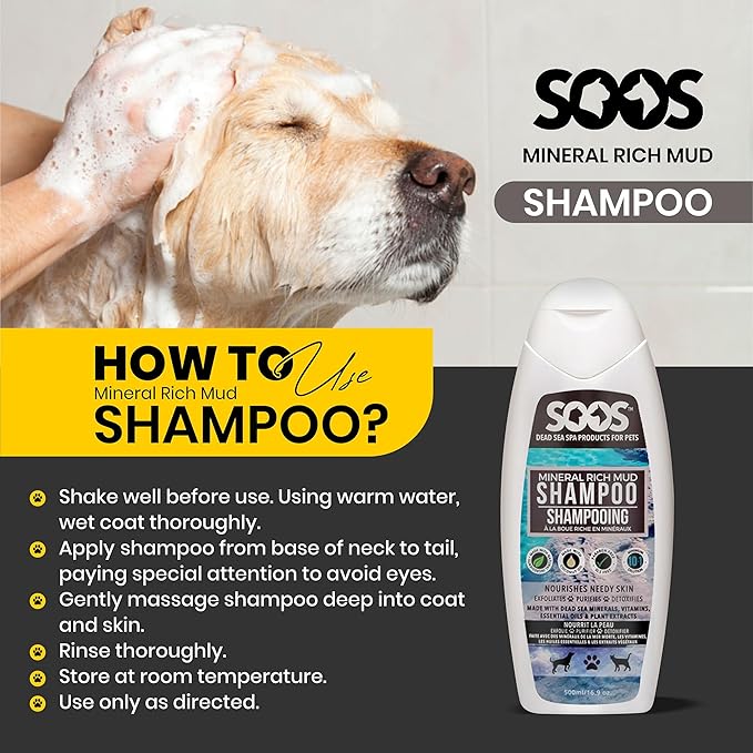 Soos Pet Dog Shampoo for Cats and Pets Mineral Rich Mud Natural Dead Sea Cruelty Free Fast Absorbing Skin Cooling First Aid Antib-acterial and Antif-ungal Odor Remover - 1x Pet Shampoo (500ml)