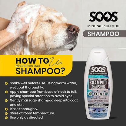 Soos Pet Dog Shampoo for Cats and Pets Mineral Rich Mud Natural Dead Sea Cruelty Free Fast Absorbing Skin Cooling First Aid Antib-acterial and Antif-ungal Odor Remover - 1x Pet Shampoo (500ml)