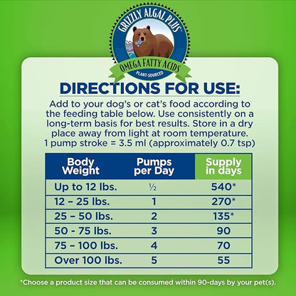 Grizzly Pet Products Algal Plus Omega 3-6-9 Food Supplement for Dogs and Cats, 32 Ounce Bottle