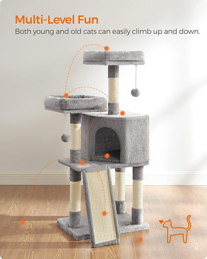 Feandrea Cat Tower, Cat Tree for Indoor Cats, 45.3-Inch Cat Condo with Scratching Post, Ramp, Perch, Spacious Cat Cave, for Kittens, Elderly Cats, Adult Cats, Small Space, Light Gray UPCT141W01