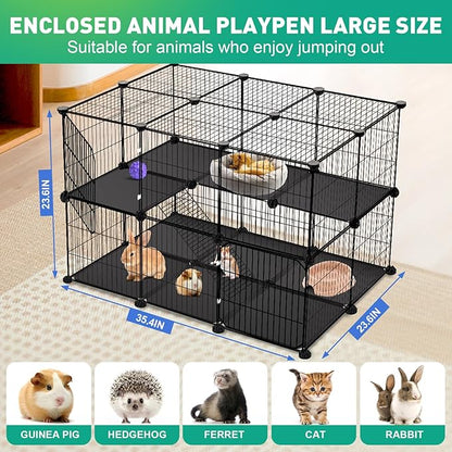 41 Panels Pet Playpen, Small Animal Playpen with 2 Doors, C&C Cage for Guinea Pigs, Rabbit, Bunny, Chicken, Hedgehogs, Puppy Play Pen Indoor Outdoor, Two-Story Metal Chicken Play Pen