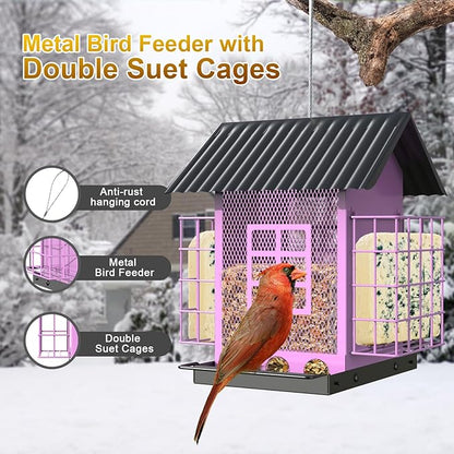 Bird Feeders for Outdoors Hanging, Metal Bird Feeder with Double Suet Cage Cake, Large Capacity, Birdfeeders Sturdy & Weatherproof, Easy to Clean & Refill, Great for Attracting Wild Birds