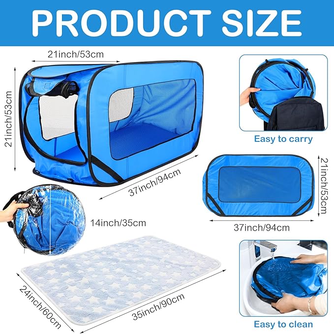 37 Inch Collapsible Dog Crate with Mat Liner Pop up Dog Kennel Waterproof Portable Car Seat Kennel Travel Crate for Pet Indoor Outdoor Cat Bed Collection(Blue)