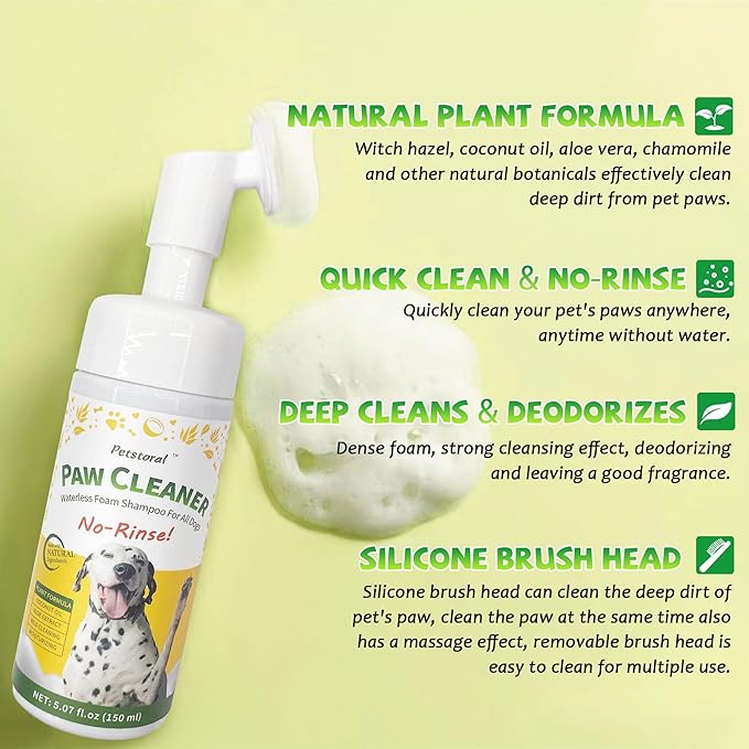 Dog Paw Cleaner - No Rinse Foaming Cleanser Waterless Dog Shampoo Mild Formula Paw Moisturizer for Dogs and Cats (5.07 fl oz/150ml)