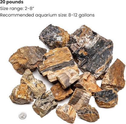 SubstrateSource Natural Stone for Aquarium, Terrarium, Paludarium, Reptile Enclosures - Set of Decorative Rocks for Landcapes, Aquascaping, Fish Tank Decor (Petrified Wood Stone, 20 Pounds, 2-7")