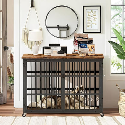 NicBex Dog Crate Furniture, 43.3" L With Double Doors, Wooden Indoor Kennel Flip-Top for Large Dogs, XL House, Rustic Brown