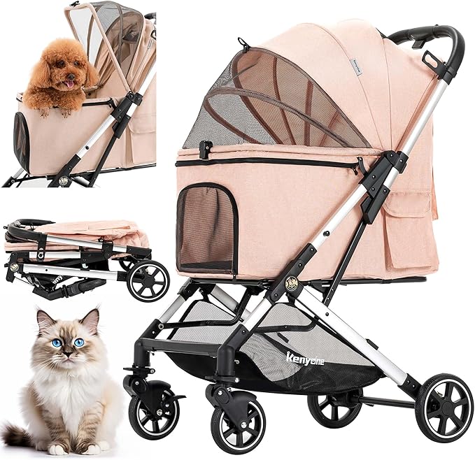 Medium Dog Stroller, Kenyone Pet Stroller for Medium Dogs Up to 55lbs, Lightweight Aluminum Frame, One Click Folding, Large Cat Stroller with No Zip Entry, Detachable Mesh, Multiple Pockets