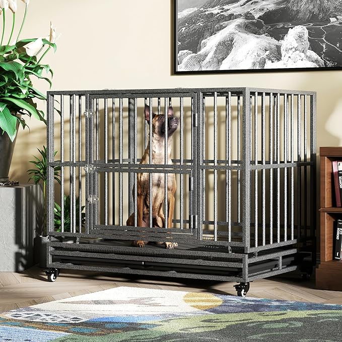 Heavy Duty Extra Large Dog Crate with Wheels - Indestructible 42/46 Inch Chew-Proof, Escape-Proof Kennel for High-Anxiety and Extra Large Dogs