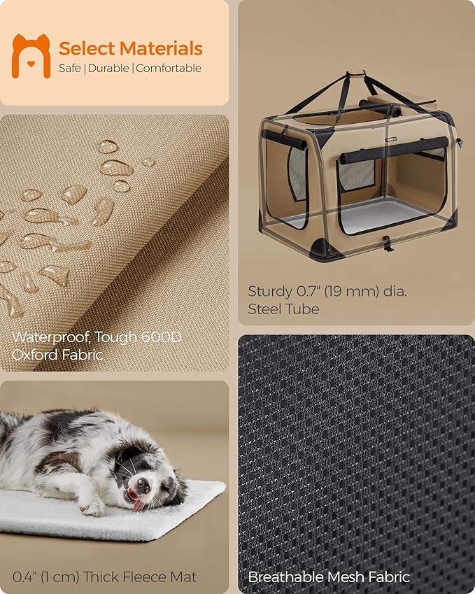Feandrea 36 Inches Collapsible Soft Dog Crate, Portable Travel Dog Crate for Indoor and Outdoor Use, Dog Carrier Kennel with Safety Zippers, for Living Room, Car, Travelling,Camel Brown UPDC090K01