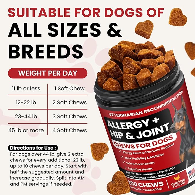 Dog Allergy Chews Hip and Joint Supplement for Dogs with Glucosamine Chondroitin for Anti Itch Skin Paw Pain Relief and Immune Pet Allergies Treats Chews for Itching and Licking Health Supplement Dogs