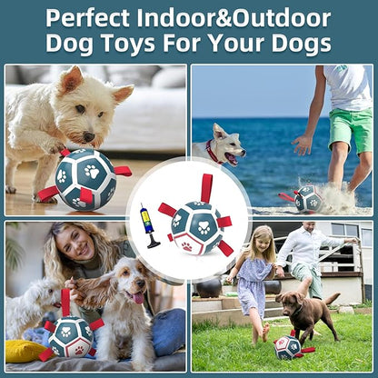 QDAN Dog Toys Soccer Ball with Straps, Outdoor Interactive Dog Toys for Tug of War, Puppy Birthday Gifts, Dog Tug Toy, Dog Water Toy, Durable Dog Balls for Small Dogs - Blue&Red（5 Inch）