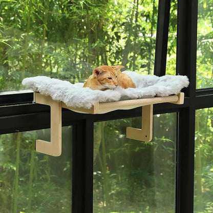 FUKUMARU Cat Window Perch, Transformable Cat Hammock with Fluffy Cushion for Windowsill and Floor, Cats Window Bed for Large Cats and Kittens, Reinforced Wood and Metal Frame, Easy to Adjust Pet Pech