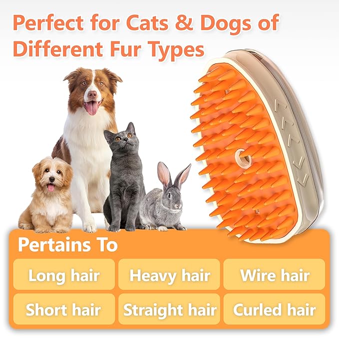 Cat Steam Brush, 4 in 1 Steam Brush for Cats, Pet Hair Steamy Brushes for Massaging and Cleaning Shedding Pets, Rechargeable Cat Brush with Steam for Long & Short Haired Cats and Dogs (orange)