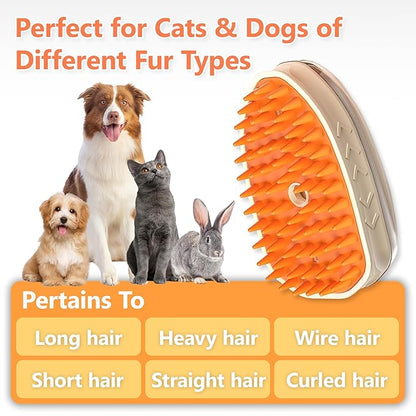 4 in 1 Steam Brush for Cats & Dogs - Rechargeable Massaging & Cleaning Brush for Long & Short Haired Pets (Orange)