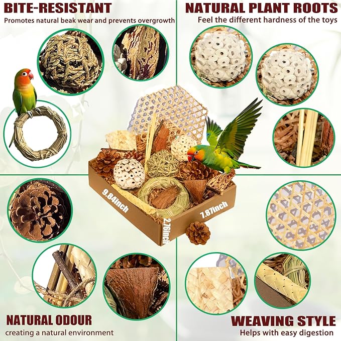 Natural Bird Chew Toys Parrot Toys Box, Foraging Shredding Parakeet Toys for Cockatiel Conures Lovebird Parakeet Budgie Macaws Small-Medium Birds