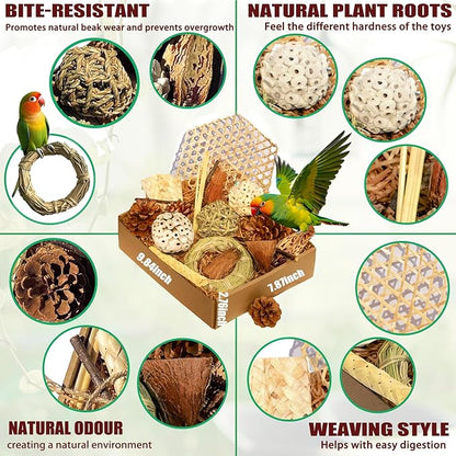 Natural Bird Chew Toys Parrot Toys Box, Foraging Shredding Parakeet Toys for Cockatiel Conures Lovebird Parakeet Budgie Macaws Small-Medium Birds