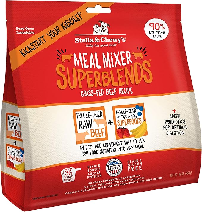 Stella & Chewy's Freeze Dried Raw Grass-Fed Beef Meal Mixers  SuperBlends Dog Food Topper  Grain Free, Protein Rich Recipe  16 oz Bag