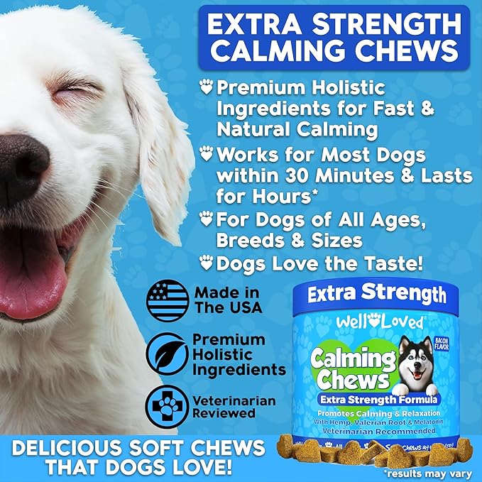 Calming Chews for Dogs - Dog Calm Treats, Made in USA, Vet Recommended, Behavior Support with Melatonin & Hemp, Stress, Separation, Fireworks, Travel, Extra Strength