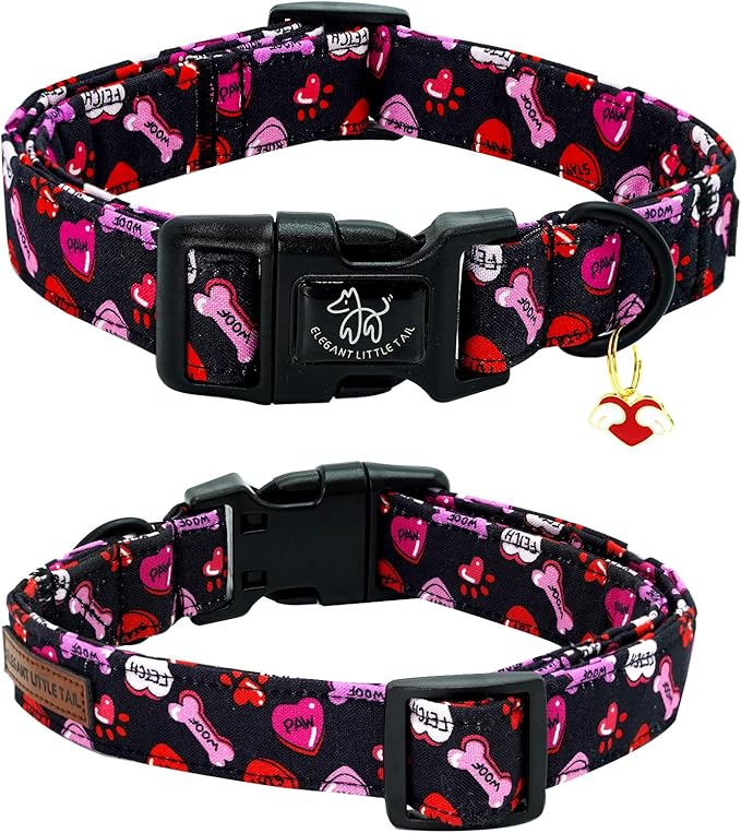 Elegant little tail Valentine's Day Dog Collar-Cute Heart Dog Collar for Medium Dogs, Female or Male Adjustable Cotton Pet Collar with Quick Release Buckle for Small Medium Large Dogs