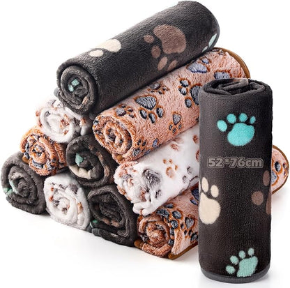 Tegeme 12 Pieces Pet Blanket Soft Fleece Dog Fluffy Doggie Warm Felt Throw Spring Cute Paw Print Puppy Kitten Sleep Mat Bed Covers for Cat(30 x 20 Inch,Dark Gray, White, Camel)