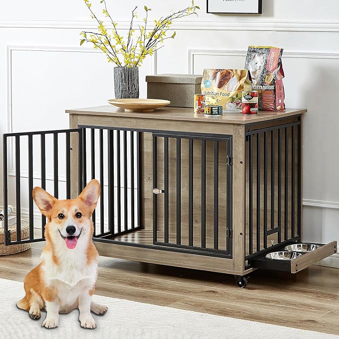 Rovibek 39" Dog Crate Furniture with Rotatable Bowls, Wooden Dog Crate End Table, Decorative Heavy Duty Dog Kennel Furniture Indoor with Double Doors 4 Wheels, Gray