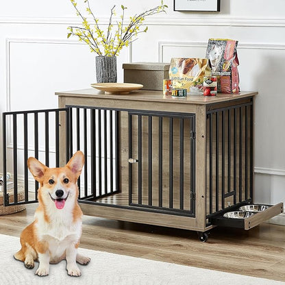 Rovibek 39" Dog Crate Furniture with Rotatable Bowls, Wooden Dog Crate End Table, Decorative Heavy Duty Dog Kennel Furniture Indoor with Double Doors 4 Wheels, Gray