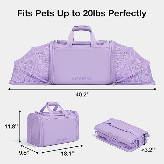 VETRESKA Expandable Cat Carrier,Dog Carrier for Small Medium Puppies,Soft-Sided Pet Carrier Airline Approved,Collapsible Travel Cats/Puppy Carrier with Locking Safety Zippers and Anti-Scratch Mesh