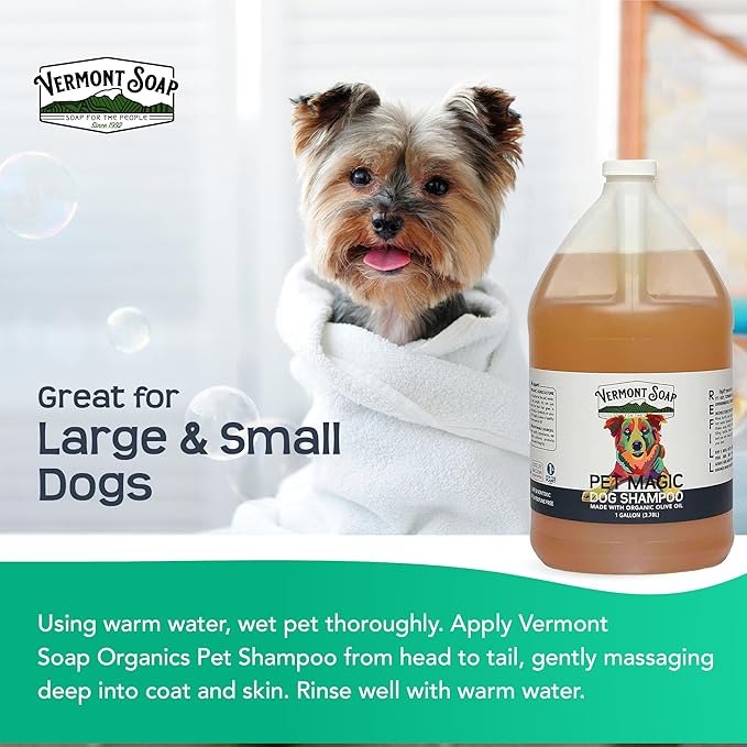 Vermont Soap Organics Pet Shampoo - Organic & Natural Olive Oil, Coconut & Aloe Vera Dog Shampoo for Sensitive Skin - USDA Certified Grooming Pet Shampoo - Gallon