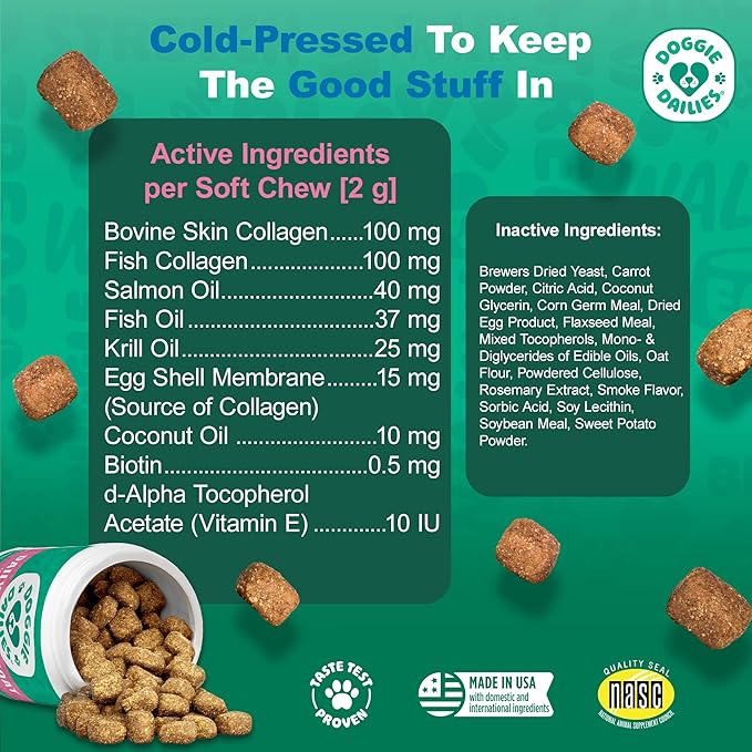 Doggie Dailies Skin & Coat Supplement Support, Salmon Oil for Dogs Skin and Coat with Collagen, Omega 3, Krill Oil, Biotin, & Coconut Oil for Dogs (Salmon) 225 Soft Chews