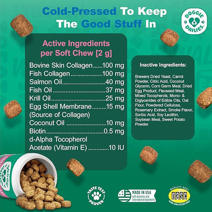 Doggie Dailies Skin & Coat Supplement Support, Salmon Oil for Dogs Skin and Coat with Collagen, Omega 3, Krill Oil, Biotin, & Coconut Oil for Dogs (Salmon) 225 Soft Chews