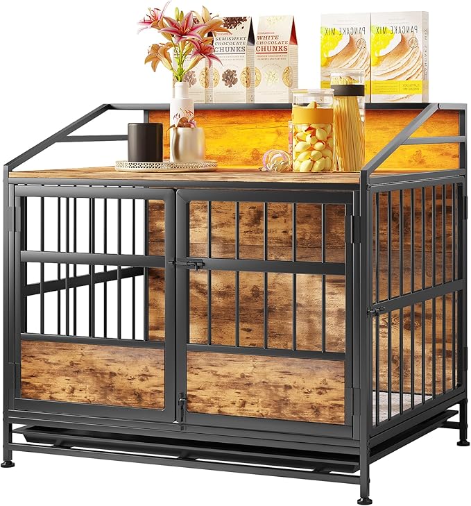 Ball & Cast 20" Multi-Function Dog Crate Furniture with Storage,3-Door Access Wooden Kennel for 11-25 lbs Dogs,Double Doors with Pull-Out Tray,Waterproof Indoor Pet House,Easy Assembly,Black Brown