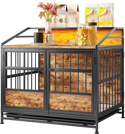 Ball & Cast 20" Multi-Function Dog Crate Furniture with Storage,3-Door Access Wooden Kennel for 11-25 lbs Dogs,Double Doors with Pull-Out Tray,Waterproof Indoor Pet House,Easy Assembly,Black Brown