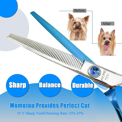 7'' Dog Grooming Scissors Set Straight Thinning Curved Chunker Shears 4pcs in 1 Set with Comb Dog Grooming Scissors Kit for Dogs and Cats