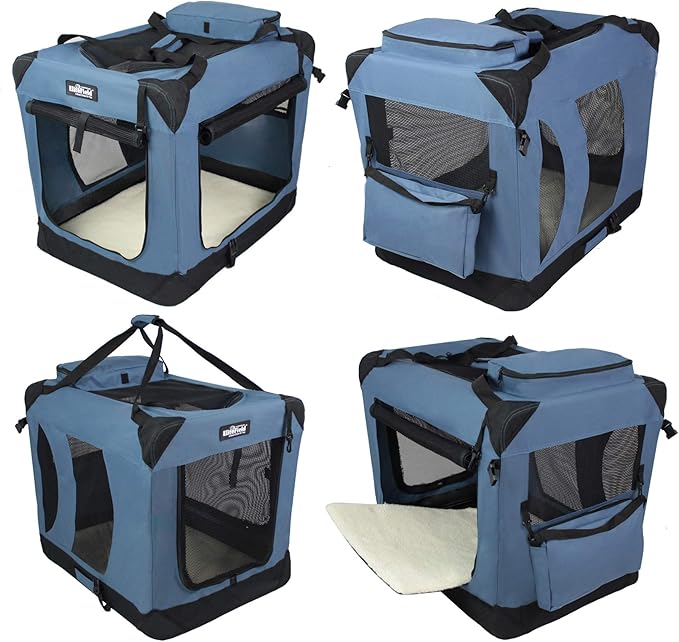 EliteField 3-Door Folding Soft Dog Crate with Carrying Bag and Fleece Bed (2 Year Warranty), Indoor & Outdoor Pet Home (30" L x 21" W x 24" H, Blue Gray)