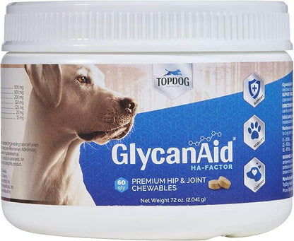 TopDog Health GlycanAid HA Advanced Joint Nutrition for Dogs (60 Chewable Tablets) Made in USA with USA Ingredients: Glucosamine HCL, Chondroitin, Hyaluronic Acid, MSM