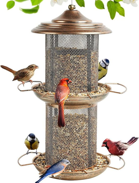 Bird Feeder for Outdoors, Double Layered Circular Tower Birdfeeder, Metal Bird Feeders with Cover Fixing Buckle for Outside Hanging, 4Lbs Capacity