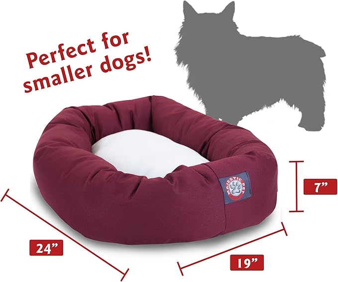 Majestic Pet 24 Inch Poly-Cotton Sherpa Calming Dog Bed Washable 24x18x7 (inch)  Cozy Soft Round Donut Dog Bed with Spine for Head Support - Pet Bed Small - Burgundy