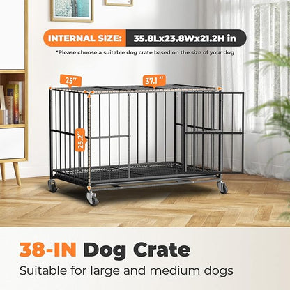 48/42/38 Inch Heavy Duty Dog Crate Steel Escape Proof,Indoor Double Door High Anxiety Cage, Removable Tray, Kennel with Wheels,XL