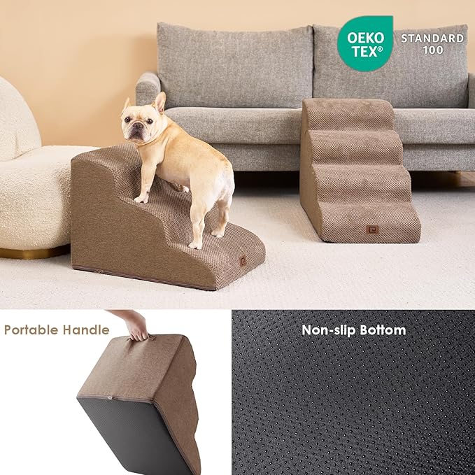 EHEYCIGA Curved Dog Stairs Ramp for Small Dogs 15.7" H, 3-Step Dog Steps for Couch Sofa and Chair, Pet Stairs for Cats, Non-Slip Balanced Pet Steps Indoor, Camel